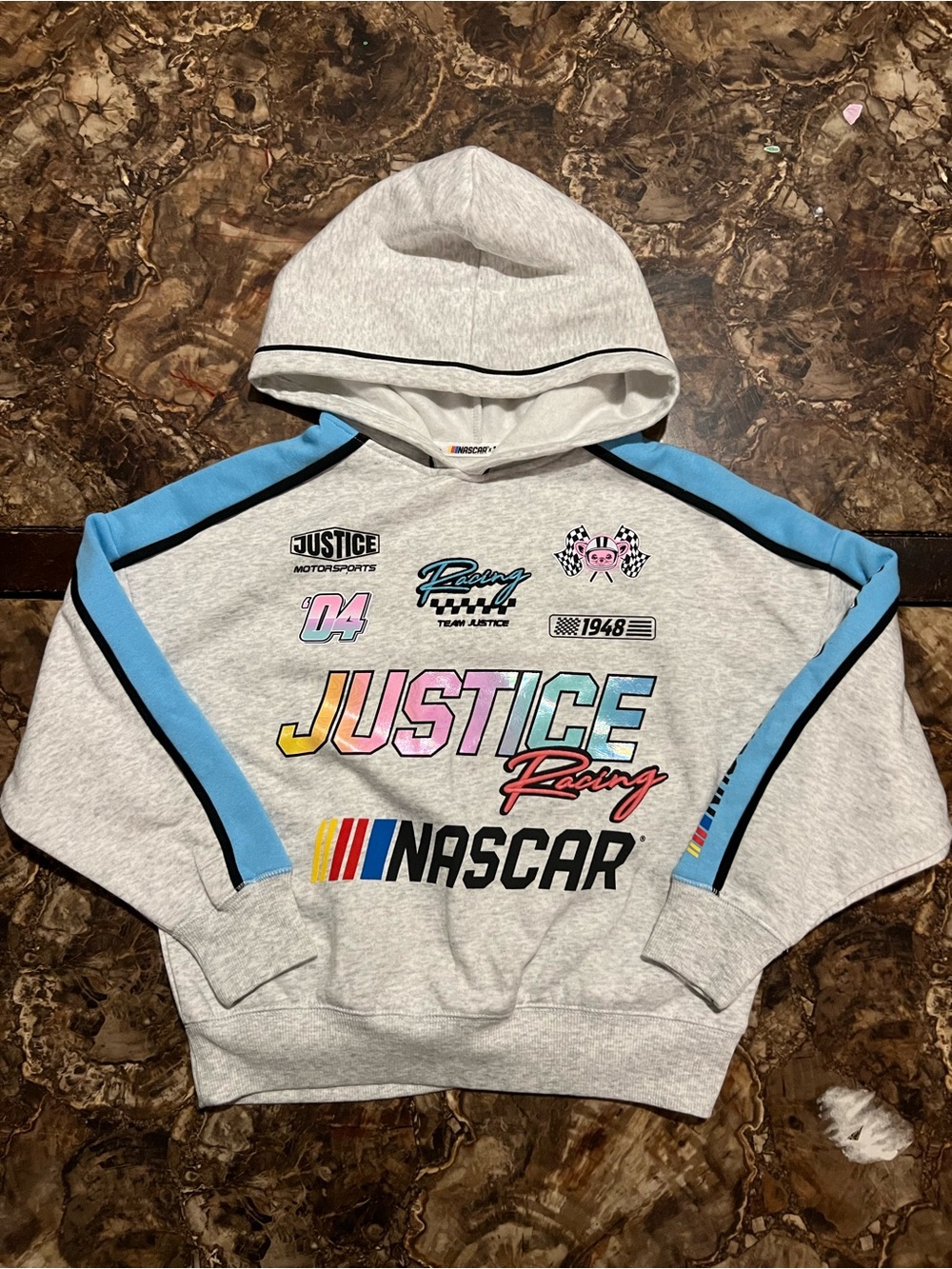 Justice Gray Hooded Sweatshirt with Blue Trim and Multicolor Racing Graphic